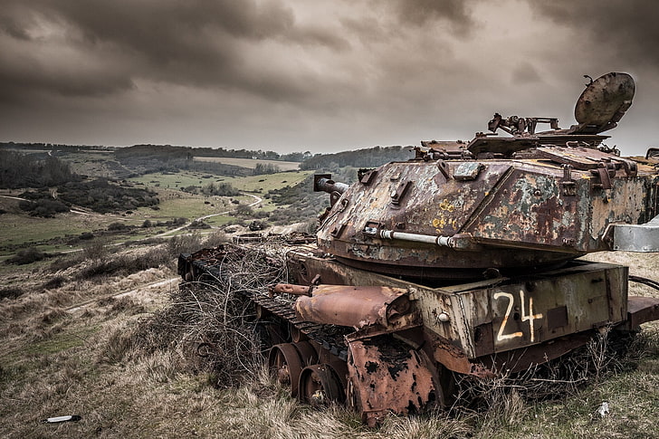 tank tempur abu-abu dan hitam, Sam King, Dorset, Inggris, tank, bangkai kapal, lansekap, 500px, Wallpaper HD