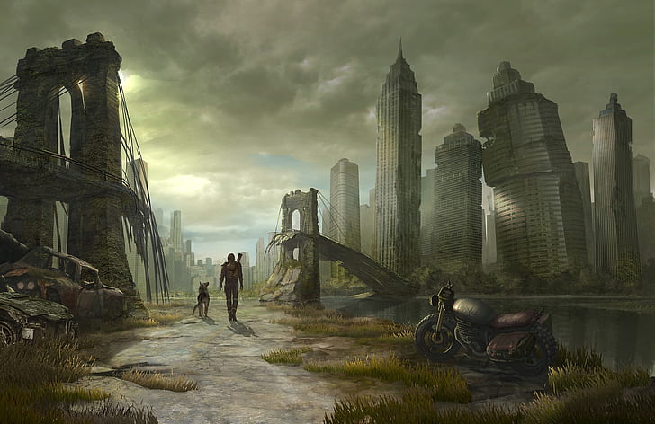 dzieło sztuki, apokaliptyczne, ruiny, pojazd, pies, Brooklyn Bridge, Nowy Jork, futurystyczny, science fiction, drapacz chmur, pejzaż miejski, Fallout, Tapety HD