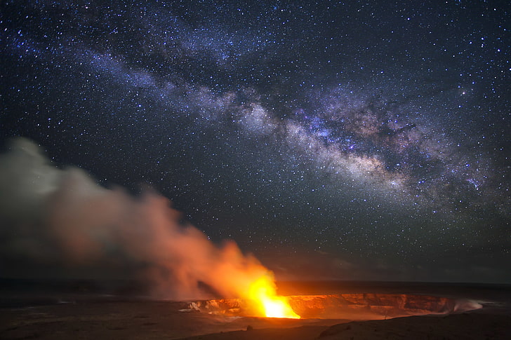 Natur, Vulkan, Hawaii, Kilauea, Lava, Vulkanausbruch, Ausbruch, Nacht, Langzeitbelichtung, Milchstraße, Krater, Feuer, Rauch, Sterne, Himmel, HD-Hintergrundbild