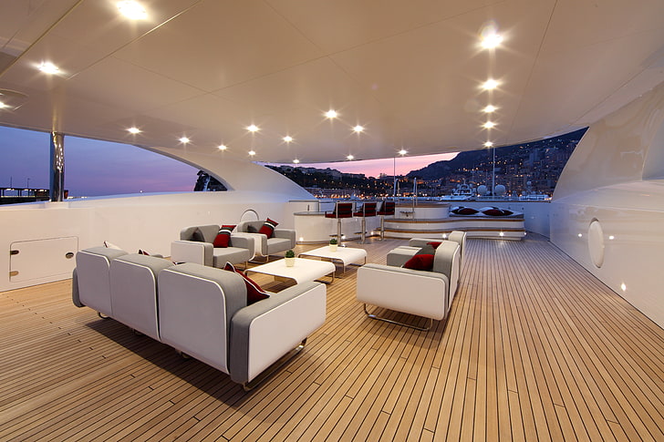 deux tables basses blanches, yacht, intérieur, design, style, Fond d'écran HD