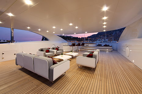 два белых журнальных столика, яхта, интерьер, дизайн, стиль, HD обои HD wallpaper