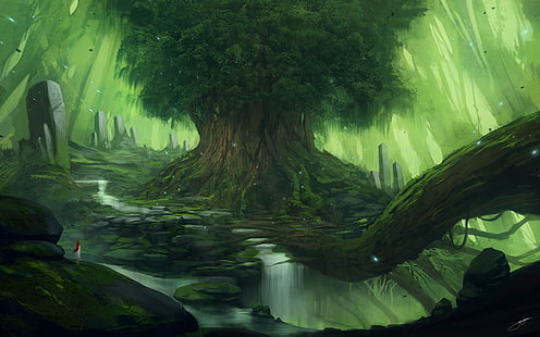 papel tapiz de árbol, árboles, verde, naturaleza, Yggdrasil, arte de fantasía, obras de arte, Fondo de pantalla HD HD wallpaper