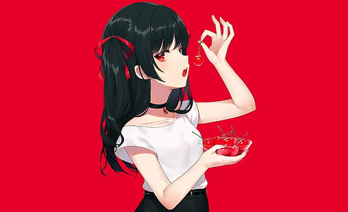Bänder, einfacher Hintergrund, Halskette, Anime-Mädchen, roter Hintergrund, rote Augen, HD-Hintergrundbild HD wallpaper