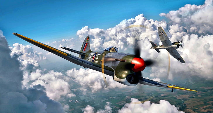 RAF, pesawat tempur multi-peran, Hawker Tempest Mk.V, selama perang Dunia Kedua, Engine Napier Sabre II, Hawker Aircraft, Hispano gun Mk.V 4x20 mm, Wallpaper HD
