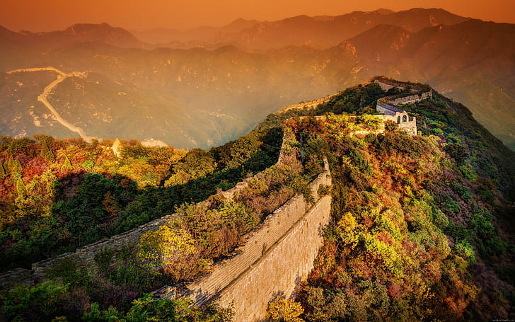 Great wall of China at dawn, great wall of china, china, world, wall, dawn, moutain, HD wallpaper