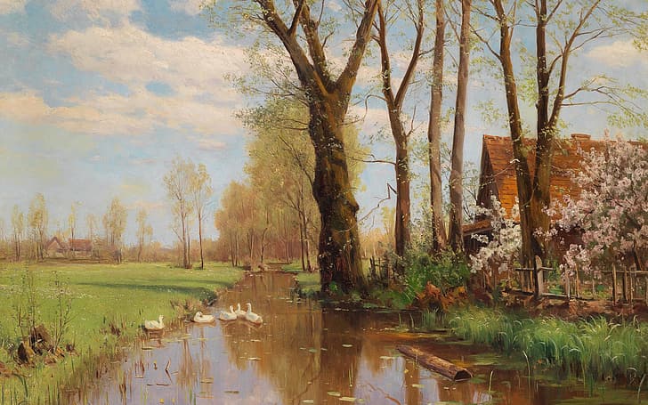 Walter Moras, pintor alemán, paisajista alemán, óleo sobre lienzo, magnífico paisaje de primavera con arbustos en flor, magnífico paisaje de primavera con arbustos en flor, Fondo de pantalla HD