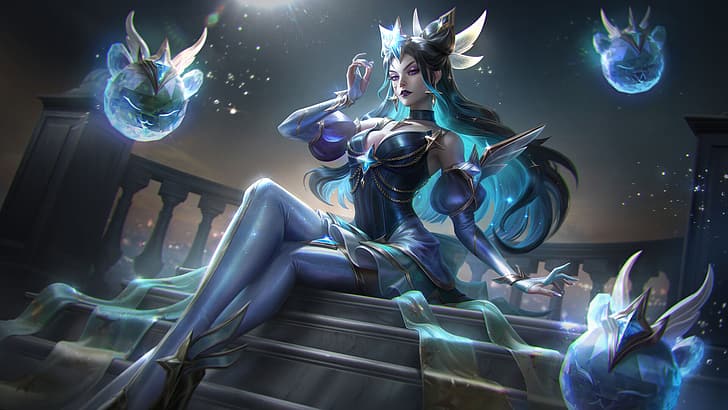 Marie Magny, drawing, Syndra (League of Legends), League of Legends, women, long hair, stairs, video game art, legs, HD wallpaper