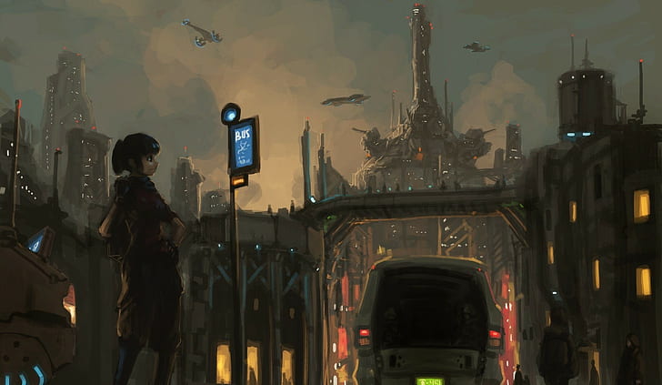 fiksi ilmiah, kota futuristik, karya seni, cityscape, Wallpaper HD