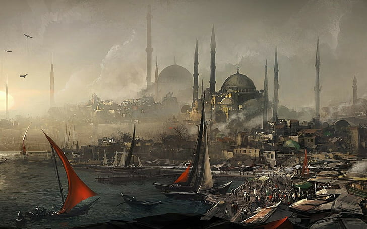 cityscape, historic, artwork, konstantinopel, Istanbul, HD wallpaper