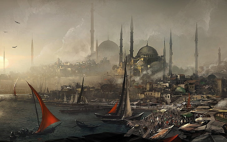 иллюстрация градостроительства, Стамбул, произведения искусства, городской пейзаж, Константинопель, исторический, HD обои