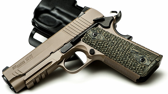 beżowo-czarny pistolet półautomatyczny, makro, pistolet, broń, sig sauer 1911, Tapety HD HD wallpaper