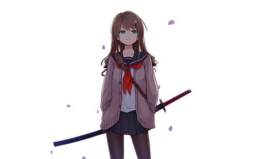 espada, meninas anime, personagens originais, fundo branco, anime, uniforme escolar, katana, HD papel de parede HD wallpaper