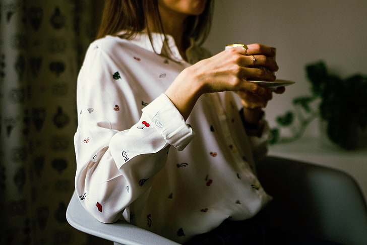 women's white button-up long-sleeved shirt, girl, cup, shirt, HD wallpaper