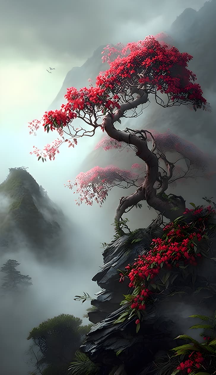 ravine, mountains, Fog Hill of Five Elements, trees, flowers, red flowers, HD wallpaper