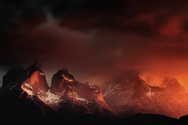 Torres del Paine, Cile, montagne, nuvole, rosso, arancio, picco nevoso, Patagonia, natura, paesaggio, Sfondo HD