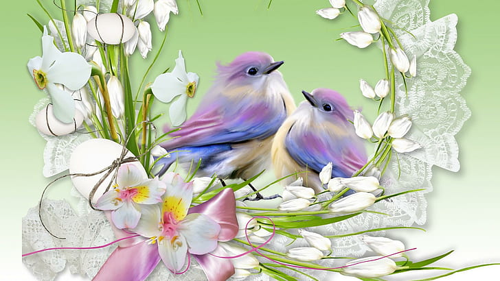 Frühlings-Spitze-Blumen, Frühling, Band, Vögel, Spitze, Gras, Grün, Blumen, 3d und Zusammenfassung, HD-Hintergrundbild
