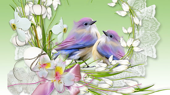 Frühlings-Spitze-Blumen, Frühling, Band, Vögel, Spitze, Gras, Grün, Blumen, 3d und Zusammenfassung, HD-Hintergrundbild HD wallpaper