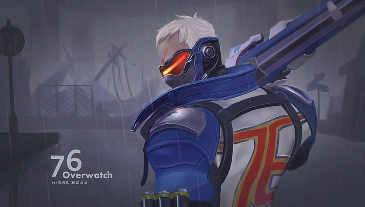 Overwatch, Soldado: 76, cabelos curtos, cabelos brancos, arma, arma, chuva, HD papel de parede