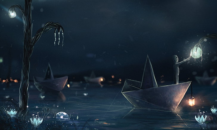 paper boat illustration, Sylar, paper boats, lantern, fishing rod, HD wallpaper