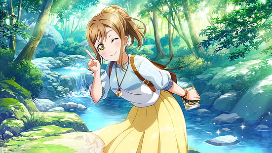 Anime, Liebe Live!Sonnenschein !!, Blond, Wald, Hanamaru Kunikida, Wasser, Gelbe Augen, HD-Hintergrundbild HD wallpaper