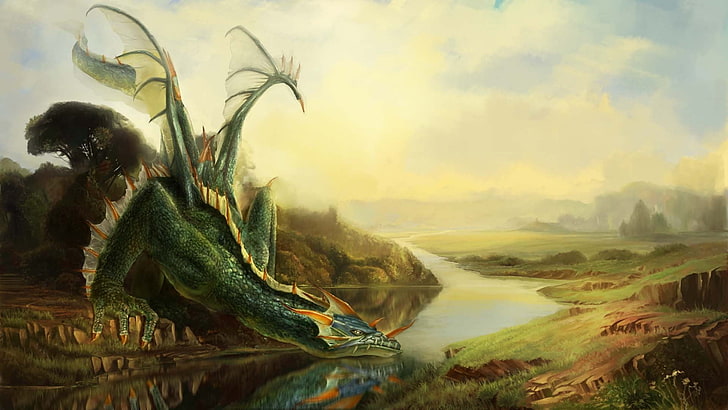 drago verde appoggiato sul fiume sfondo, arte digitale, fantasy art, drago, natura, fiume, roccia, alberi, erba, ali, nuvole, Sfondo HD