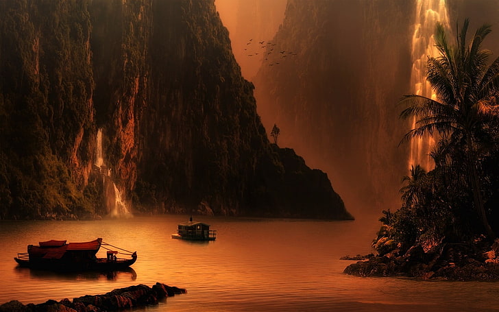 zwei Boote auf Gewässer während des Sonnenuntergangs Malerei, Natur, Landschaft, Berge, Wasserfall, Sonnenuntergang, See, Palmen, Klippe, Vögel, Nebel, Boot, HD-Hintergrundbild