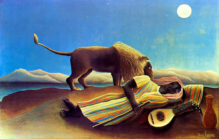 La gitane endormie, peinture de femme allongée à côté d'un instrument à cordes, Art And Creative, art, Fond d'écran HD