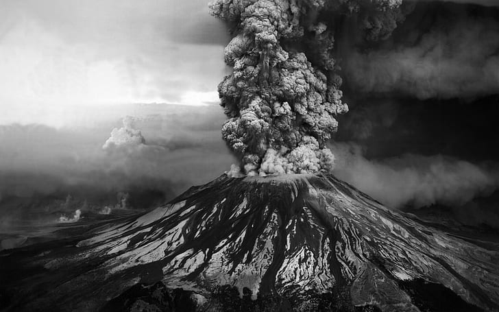 вулкан, дым, природа, монохромный, извержение, HD обои