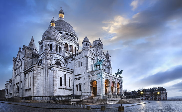 サクレクール寺院、モンマルトル、パリ、フランス、白いコンクリートドームモスク、ヨーロッパ、フランス、 HDデスクトップの壁紙