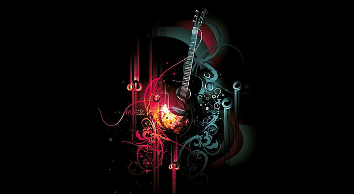 Musica, illustrazione rossa della chitarra, musica, buio, chitarra, nero, disegno astratto, Sfondo HD