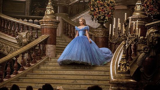 Cinderella Lily James, dress, candles, stairs, Cinderella, hall, HD wallpaper HD wallpaper