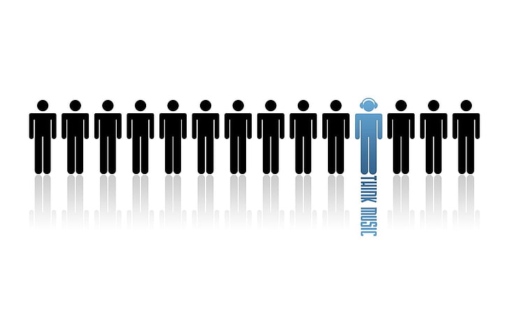thirteen black and one blue human figure logo screenshot, music, reflection, artwork, simple background, headphones, digital art, HD wallpaper