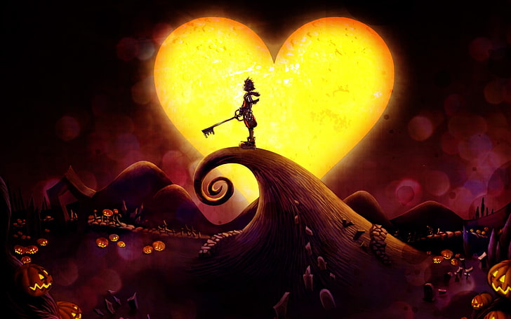 Kingdom Hearts Halloween Town, character standing on curly mountain under heart moon animated digital wallpaper, Games, Kingdom Hearts, love, heart, HD wallpaper