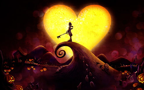 Kingdom Hearts Halloween Town, персонаж, стоящий на кудрявой горе под сердцем, луна, анимированные цифровые обои, игры, Kingdom Hearts, любовь, сердце, HD обои HD wallpaper