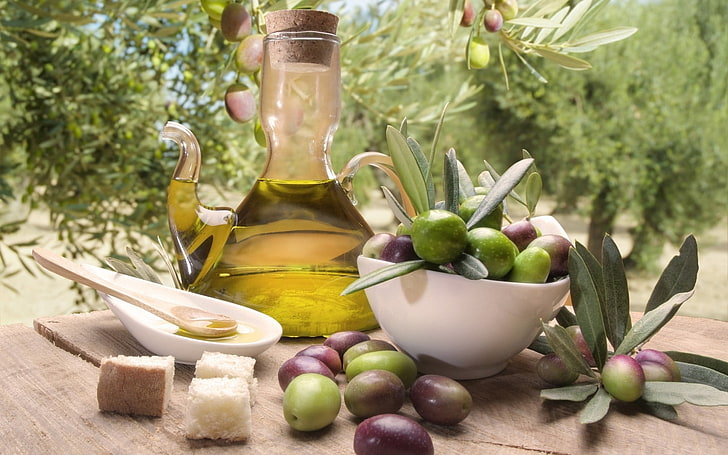 olive fruits, olives, oil, thread, sticks, saucer, HD wallpaper