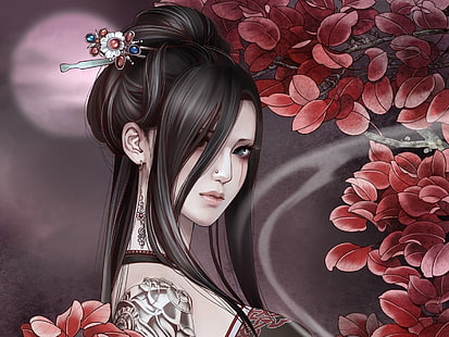 illustration de caractère anime féminin aux cheveux noirs, filles d'anime, tatouage, Jx Online, anime, Fond d'écran HD HD wallpaper
