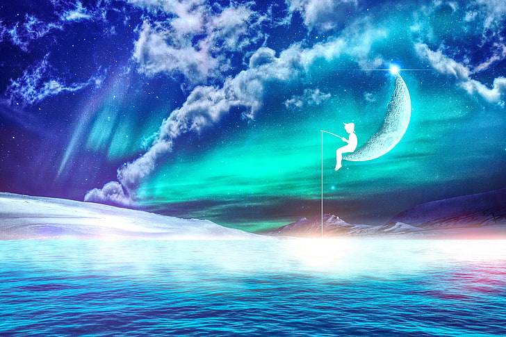 Dreamworks logosu, balıkçı, ay, fantezi, photoshop, siluet, HD masaüstü duvar kağıdı