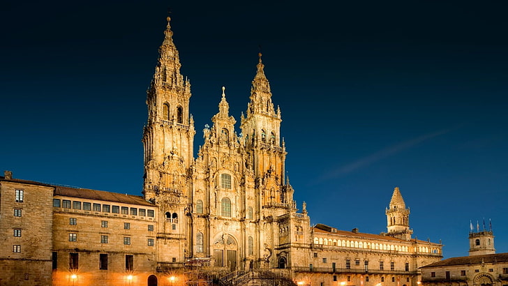 spire, landmark, historic site, cathedral, tourist attraction, night, building, basilica, place of worship, europe, spain, cathedral of santiago de compostela, santiago de compostela, HD wallpaper