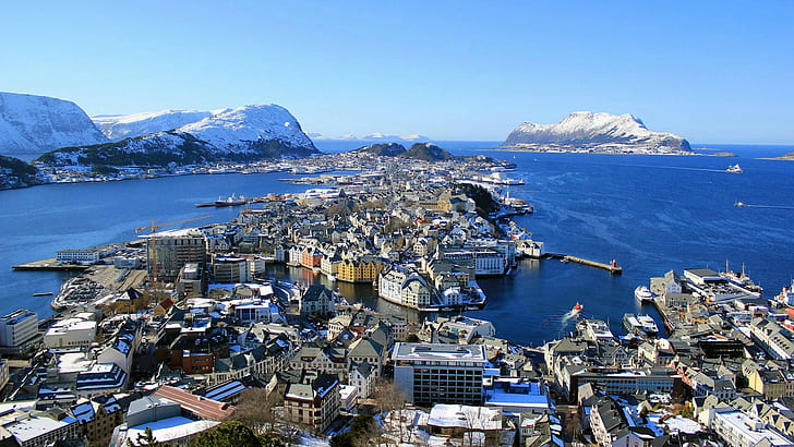 Олесунн, город, Норвегия, город, городской пейзаж, море, HD обои