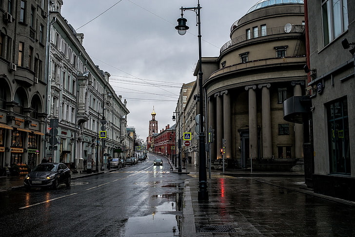 poste de luz de rua de aço preto, Moscou, Rússia, paisagem urbana, rua, HD papel de parede