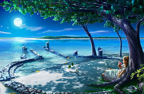 Арт Кагая, пейзаж, дърво, нощно м, жена, 3d и абстрактно, HD тапет HD wallpaper