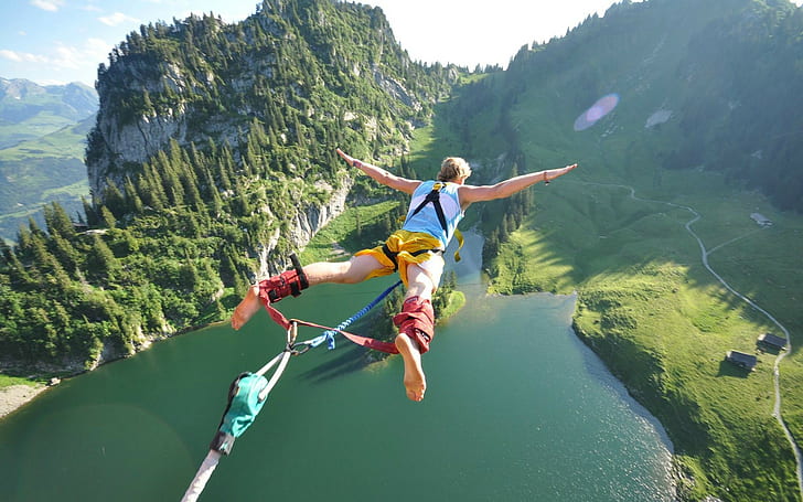 прыжки с парашютом, горы, прыжки, деревья, мужчины, мужчины на природе, спорт, природа, вода, HD обои