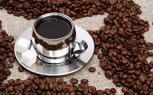 caffè, tazza, piattino, zucchero, chicchi di caffè, riflessione, Sfondo HD HD wallpaper