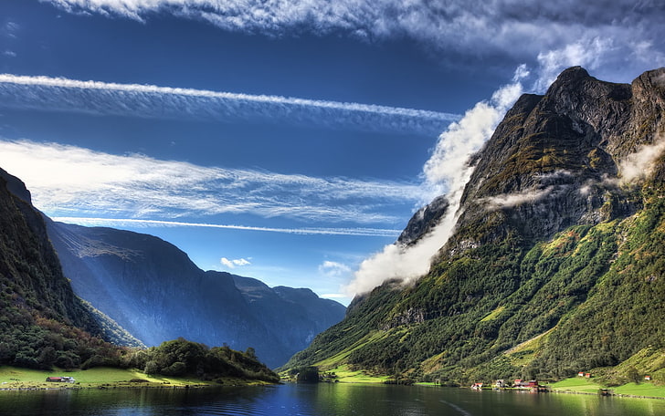 grünblättriger Berg tagsüber, Fjord, Norwegen, Berge, Dörfer, Sträucher, Klippe, Sommer, Natur, Landschaft, HD-Hintergrundbild