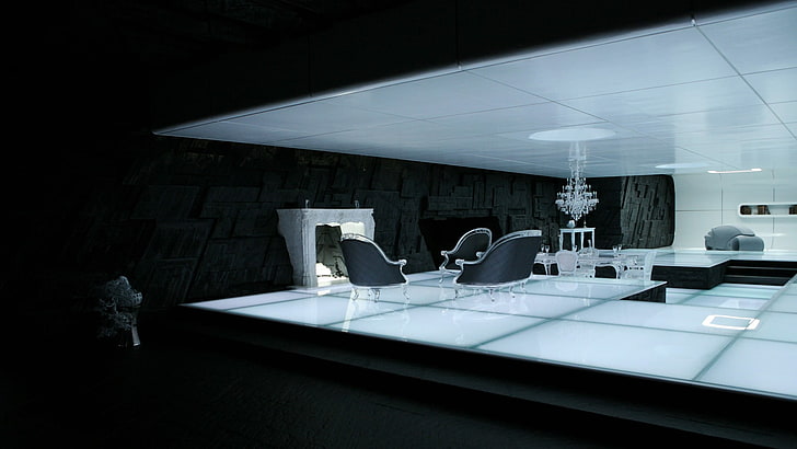 black and white wooden bed frame, interior design, futuristic, Tron: Legacy, HD wallpaper