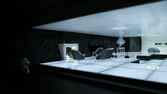 somier de madera en blanco y negro, diseño de interiores, futurista, Tron: Legacy, Fondo de pantalla HD HD wallpaper