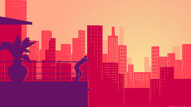 man on balcony illustration, pixels, alone, HD wallpaper