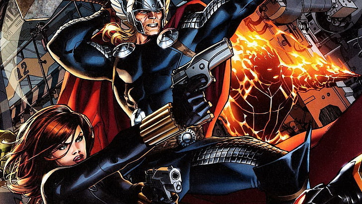 رسم توضيحي لـ Marvel's Thor ، Black Widow ، Thor ، كاريكاتير ، Marvel Comics ، أحمر الشعر ، شقراء ، مسدس ، خارق ، فتيات يحملن أسلحة، خلفية HD