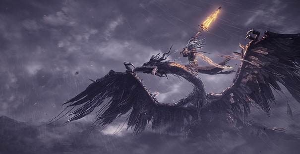 темные души III, дракон, дождь, воин, большой меч, игры, HD обои HD wallpaper