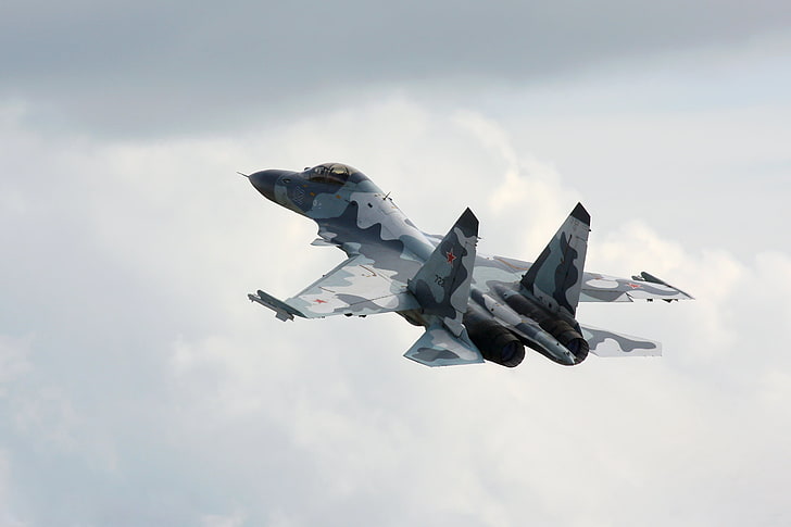 aereo da caccia mimetico grigio e nero, Nuvole, L'aereo, Volo, Combattente, Su-35, Multiuso, Il cielo.Wysota, Sfondo HD